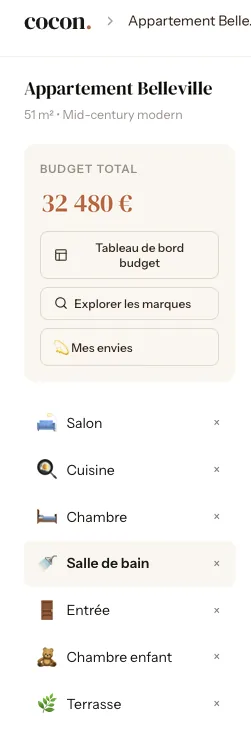 Écran mobile de Cocon : budget total du projet et liste des pièces